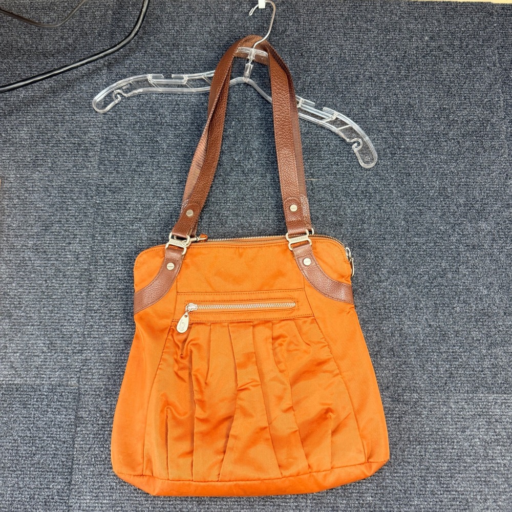 Baggallini Y2K Burnt Orange Nylon Hobo Bag Brown Leather Trim Pleated ManyPocket